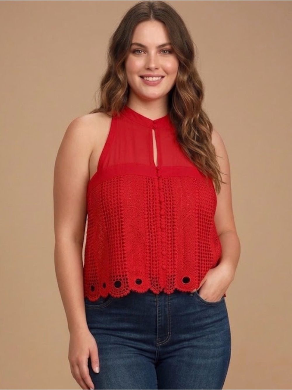 Free People Red Crochet Halter Top Size L